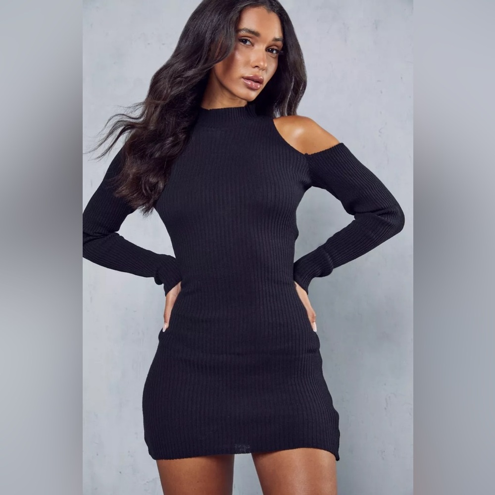 🍒AMTIOUS Elegant Black Cold Shoulder Dress